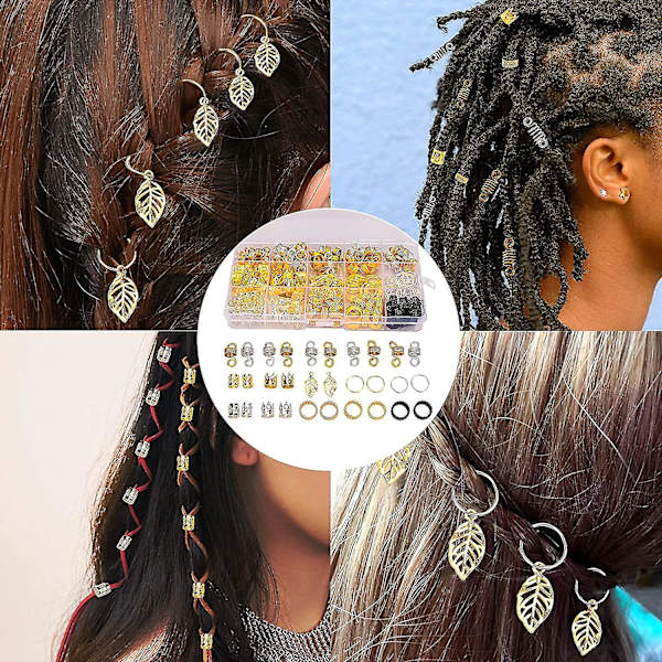 200 stk/boks Hårfletting Perler Metallplater Ring Fletting Dreadlocks Perler Klips Metall Hår Mansjetter Med Oppbevaringsboks