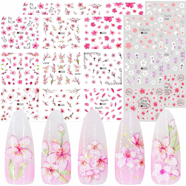 PIink Flowers negleklistremerker Rosa kirsebærblomsterdekaler med blader av trær og neglekunst for neglekunst (2 rosa)
