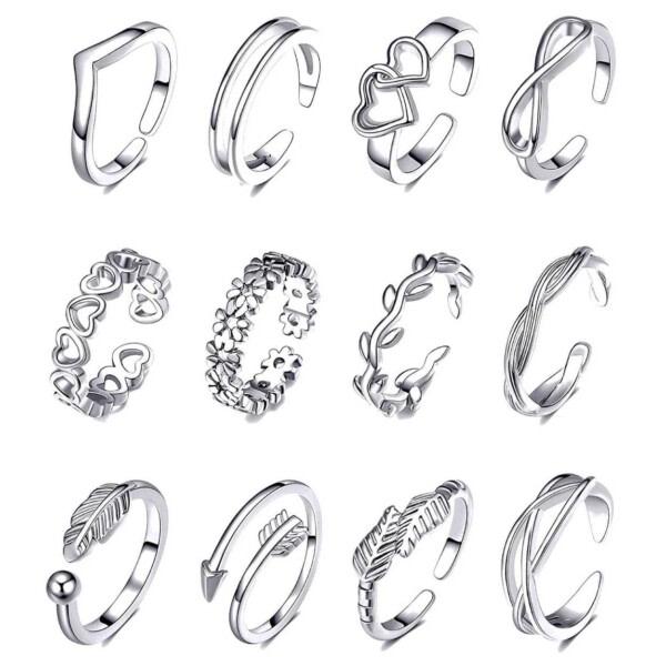 12 Pack Toe Rings Sormukset säädettävä koko - hopea silver