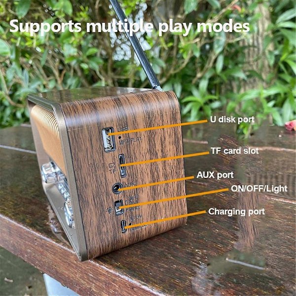 Kannettava FM AM SW Radio Vintage Radio Langaton Bluetooth-kaiutin LED-taskulampulla Tukee TF-korttia U-levyä AUX