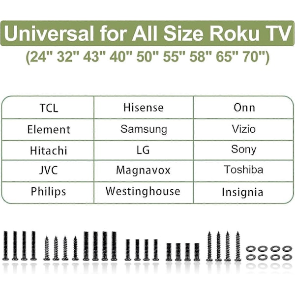 Jalustaruuvit ja -alustat kaikille TV-jalustan jaloille - Ruuvipaketti TCL:lle, Hisense:lle, Samsungille, LG:lle, Vizio:lle, JVC:lle, Onn:lle, Sony:lle, Toshiballe, Insignian, Westinghouse:lle, Philipsille, Sharpille ja Roku:lle