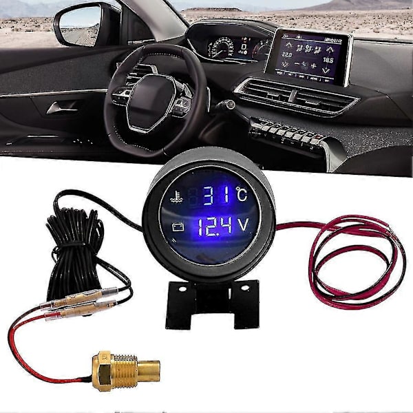 2-i-1 Bilvattentemperaturmätare HD LCD-display Voltmeter Temperaturmätare för fordon - I lager
