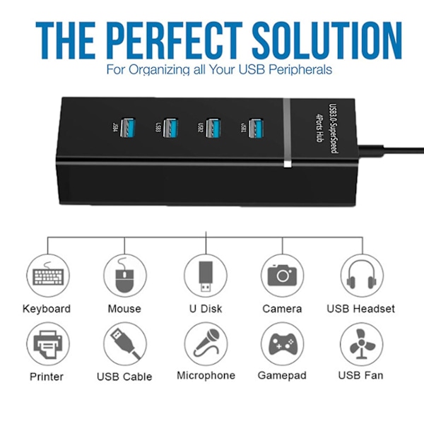 USB 3.0 Hub med strøm, 4 porter, bærbar USB datahub-splitteradapter