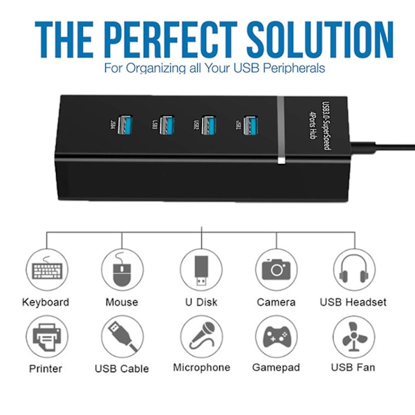 USB 3.0 Hub med Strömförsörjning, 4 Portar, Bärbar USB-Datahub, Delare, Adapter