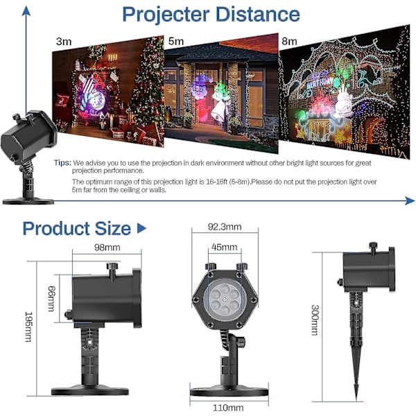 LED-juleprojektor - 12 mønster-effekter Vannbestandig innendørs og utendørs projektorlampe for høytider