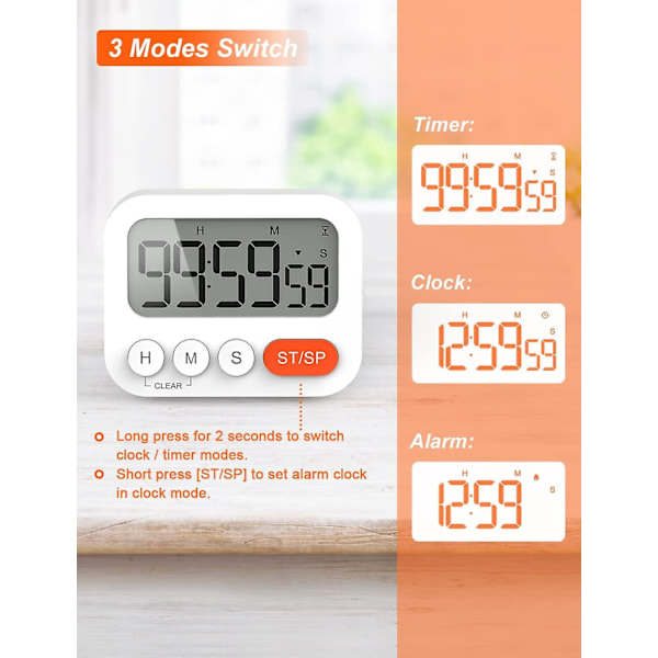Digital kjøkkentimer med klokke, stoppeklokke, alarm, magnet, 3 volumnivåer, LCD-skjerm for læring, matlaging, sport (2 stk)
