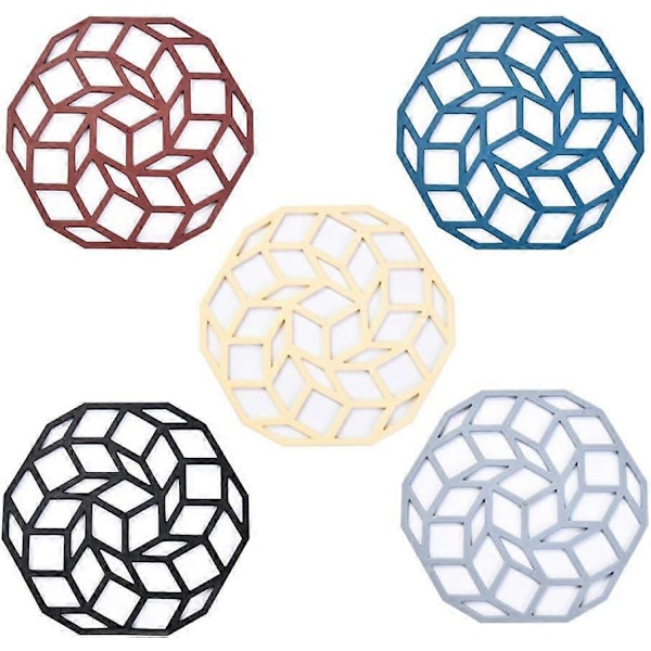 5 stycken silikonunderlägg, halkfria, värmeisolerande, flexibla, hållbara, hexagonformade, bordsskydd