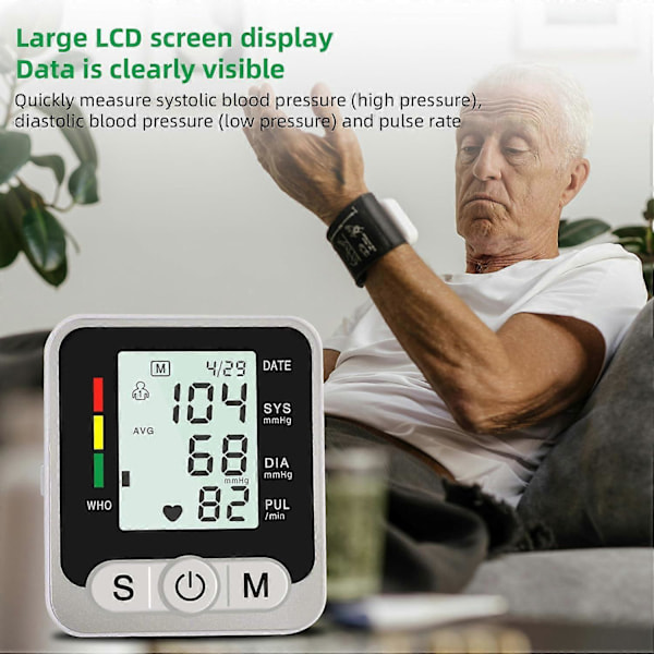Blodtrycksmätare handled, Automatisk handledsblodmätare sphygmomanometer med justerbar manschett & LCD-display för hem & kliniskt bruk, 2x99 avläsningar