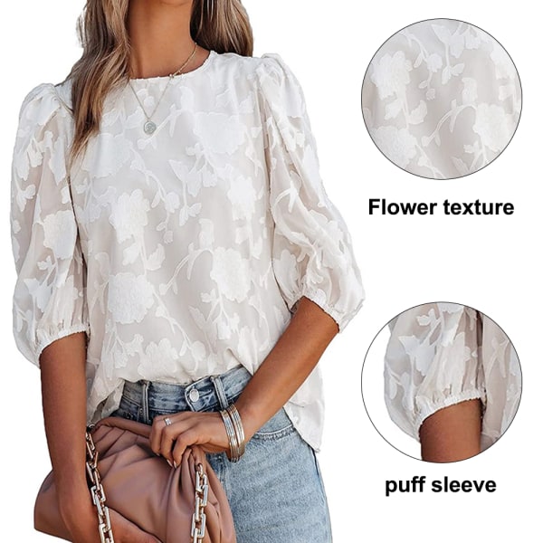Bubble Leeve Chiffon løs topskjorte med blomstertekstur (hvid) S