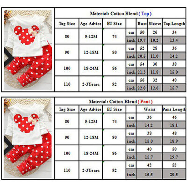 Babypige Minnie Polka Dot Langærmet Pullover Top Bukser Sæt red 9-12 Months