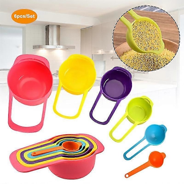 Mätskedset, 6 färgade mätskedar i olika kapacitet, plastmätskedar för vätskor och pulvergivor