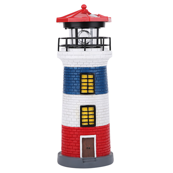 LED Solar Power Lighthouse Statue Rotating Outdoor Light Garden Yard Lawn Craft Ornament(RedBlueWhite )