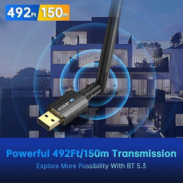 USB Bluetooth 5.3 Adapter for PC, Driver Free, Lang Rekkevidde 492ft / 150m Bluetooth Stick Mottaker & Sender Kompatibel med Windows 11/10/8.1, (trenger