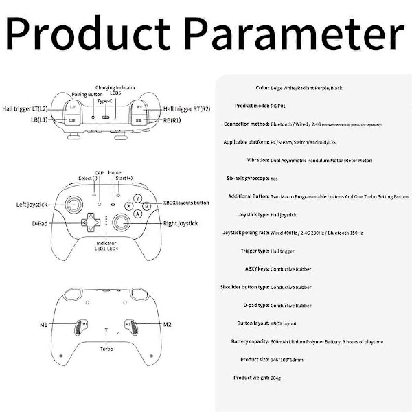 RGP01 Gamepad Trådlös Bluetooth Spelkontroll RGB Hall Effect Joystick för PC Android IOS Steam