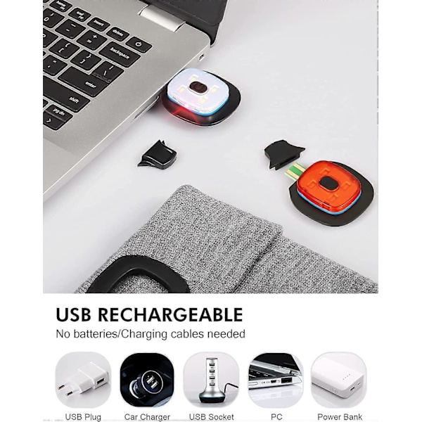 Hette med LED-lys foran og bak, USB-oppladbar hodelykt med 3 lysstyrker, strikket lue med lys for jogging, camping, sykling
