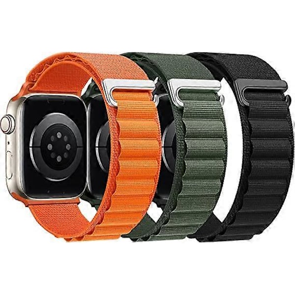 Loop-back nylonreim (oransje, grønn, svart, uten klokker), kompatibel med Apple Watch-reim 42/44/45/49 mm, Apple Watch 12345678/SE/Ultra-reim