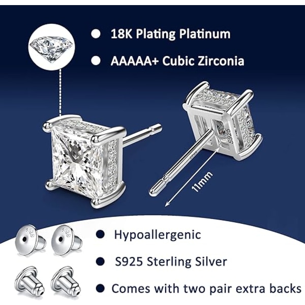18K vitguldpläterade sterling silver Princess Cut Cubic Zirconia örhängen fyrkantiga simulerade diamant CZ örhängen för kvinnor män Allergivänligt