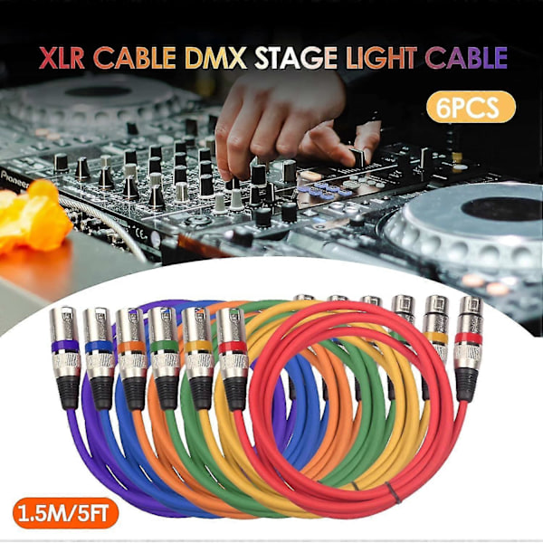 6 stk. 1,5 m/5 ft XLR-kabel DMX Scene Kabel 3-pin XLR Han til Hun Stik Sort PVC Jack til Moving Head Par Mikrofon Mixer