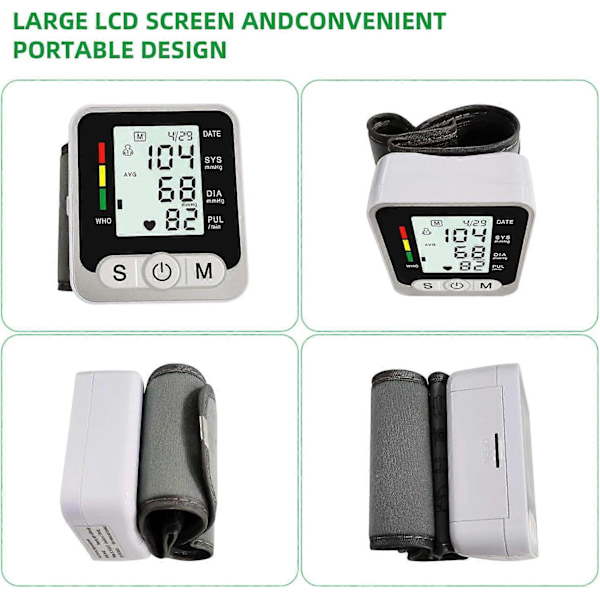 Blodtrycksmätare handled, Automatisk handledsblodmätare sphygmomanometer med justerbar manschett & LCD-display för hem & kliniskt bruk, 2x99 avläsningar