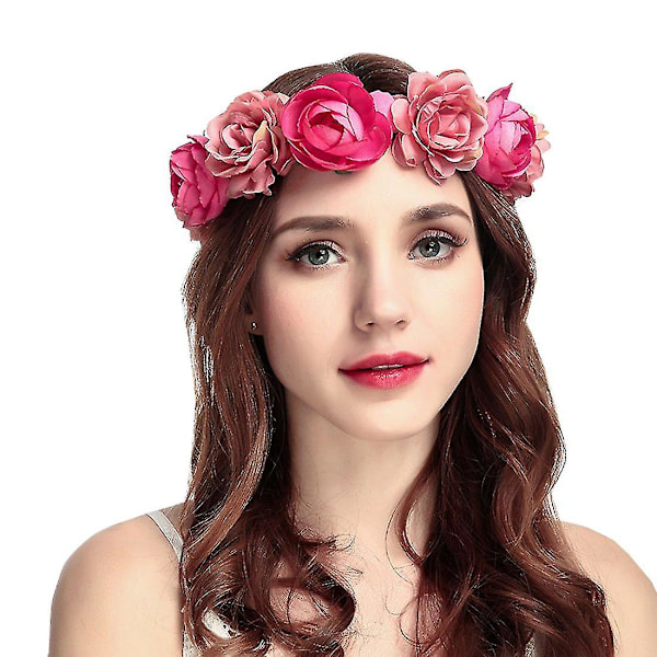 Women Rose Floral Crown Hair Wreath Leave Flower Headband With Adjustable Ribbon