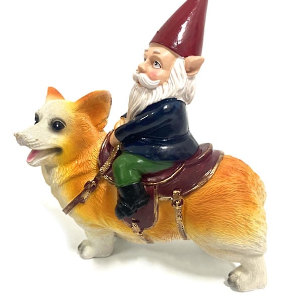 Hauska Ukko Muki Puutarha Tonttu Veistos, Tonttu Ratsastaa Corgilla