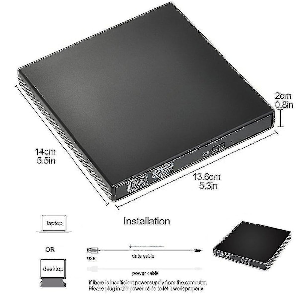 Ekstern Cd Dvd Drev, Usb 2.0 Slim Bærbar Ekstern Cd-rw Drev Dvd-rw Brænder Skriver Afspiller kompatibel Bærbar Notebook Pc Desktop Computer, Sort-mc