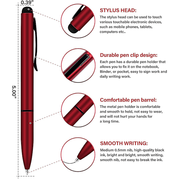 Soft Touch Click Stylus, 2-i-1 Tilbagekørbar Metal Stylus, Sort Blæk, 4 (