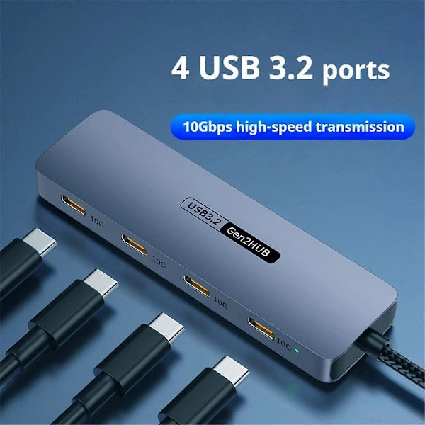 4 Portin USB-C-keskitin 10 Gbps: Nopea USB-C-jakaja kannettaville tietokoneille, PC-lisävarusteille, tableteille, puhelimille ja kiintolevyille