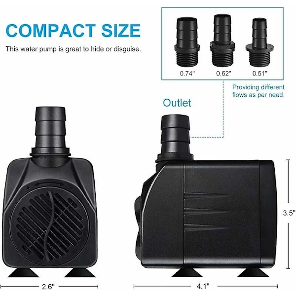Neddykkelig Vandpumpe, 65W 3000L/H Mini Akvariumpumpe, Justerbar Springvandspumpe til Dam Springvand Akvarium med 3 Dyser, 3m Kabel (20-30DB Støj)