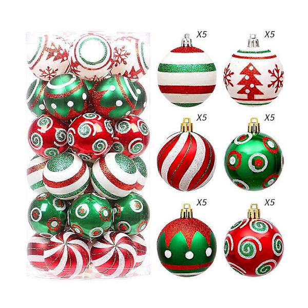 30 st julgranskulor i plast, julgranskulor, juldekorationer, festdekoration (röd+grön+vit(A))