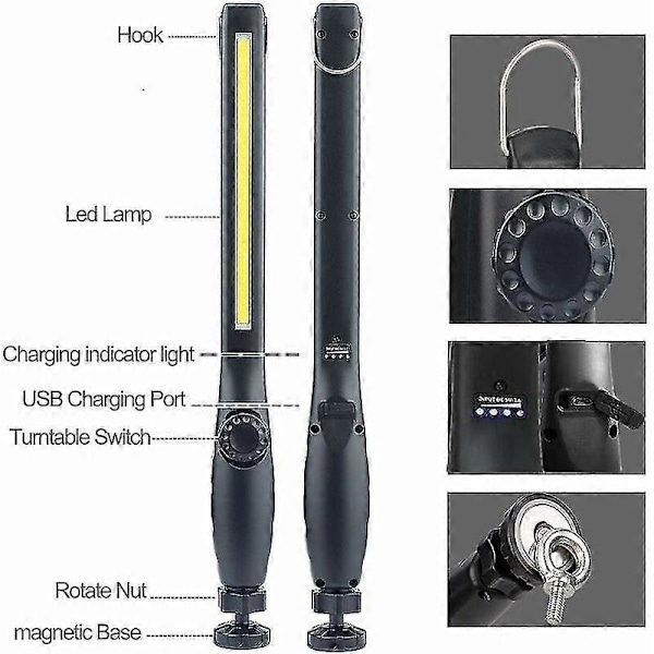Ladattava LED-työvalo magneetilla ja USB:llä, 360 asteen kierto, ladattava LED-tarkastusvalo, koti, verstas, retkeily, vaellus, tarkastus L