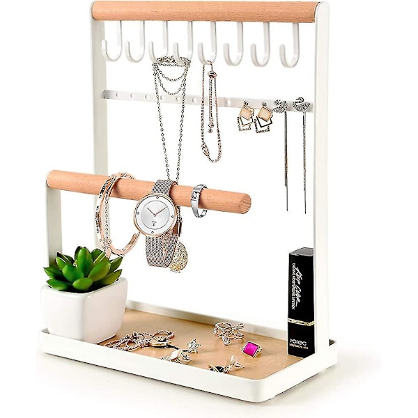 Smyckesställ, Flera Våningar Halsbandshängare Träringorganisatör Örhängsfack, 8 Krokar Förvaring Halsband, Armband,