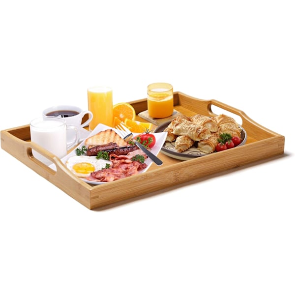 Stor träbricka, bambubricka med handtag för mat, middag, lämplig för sovrum, vardagsrum, kök, badrum, sjukhus