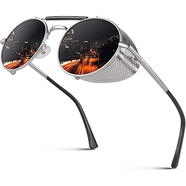 Polariserede Solbriller Steampunk Retro Runde Unisex Briller til Mænd og Kvinder UV400, Sidebeskyttelse Gotiske Solbriller
