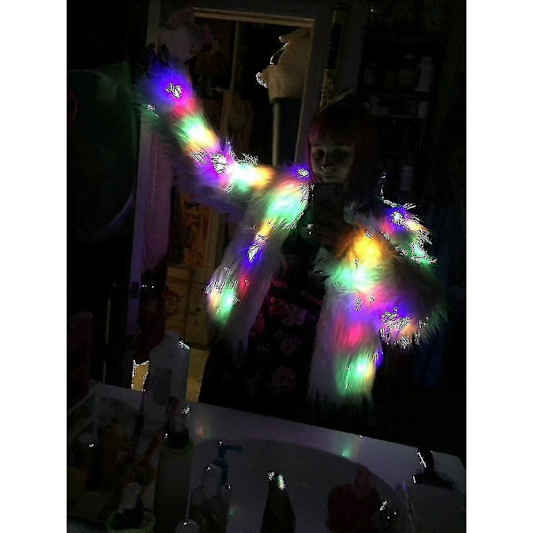 LED Pelsjakke for Kvinner Regnbue Glitrende Lysjakke Hvit Pels Rave Kostyme L