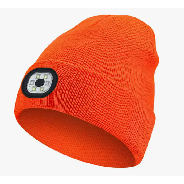 Unisex USB Genopladelig Lysende LED Vinterhue Varmt Hue med Forlygte til Nat og Efterår Hætte Indvendig Lys Orange