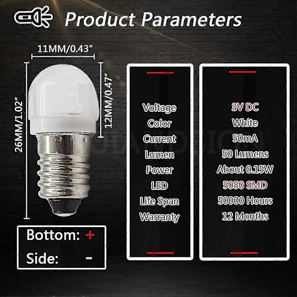 4 st 3V 0,2W E10 LED-lampor 5050 1SMD Vit 3000K LED-lampa Ersättning Uppgradering För Strålkastare Ficklampor Facklor -Yvan