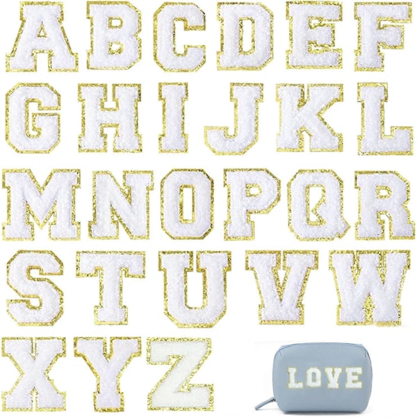 26 st Wron hite IOn Bokstavspatchar, A-Z Självhäftande Chenille Bokstavspatchar Applikation Sy Klädmärken med Glitterkant för DIY-tröjor