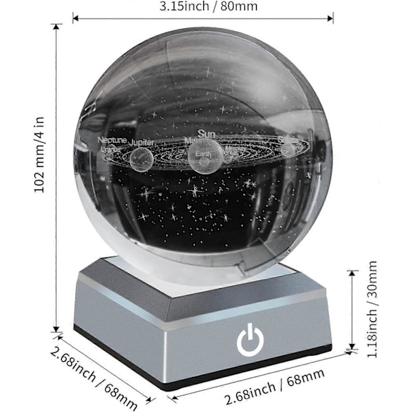 3D Solsystem Modell Krystallkule Lasergravert Hologram med Lysende Base Planet Modell Vitenskap Astronomi Læringsleketøy