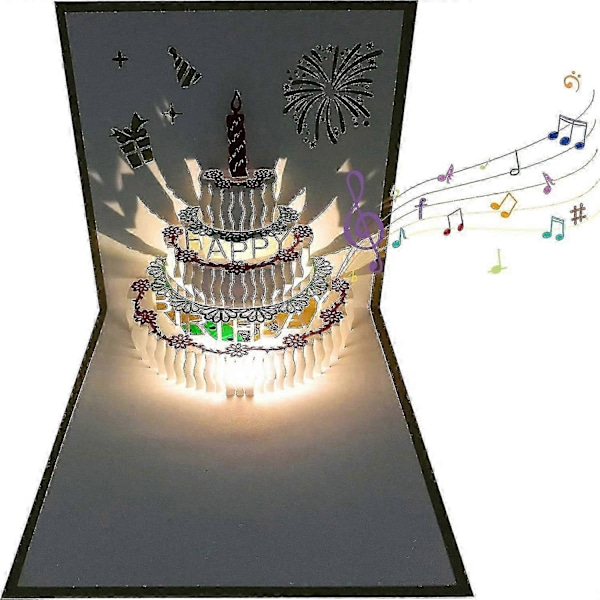 3D-syntymäpäiväkortit, 1 pakkaus väriä vaihtavia valoja ja automaattisesti soivaa musiikkia Hyvää syntymäpäivää -kakkuonnittelukortti