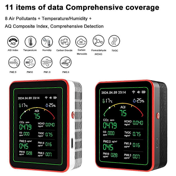 Luftkvalitetsmätare 15 i 1 Smart Luftkvalitetstestare med PM CO 2 CO TVOC HCHO Temperatur & Luftfuktighet Display EU-kontakt B