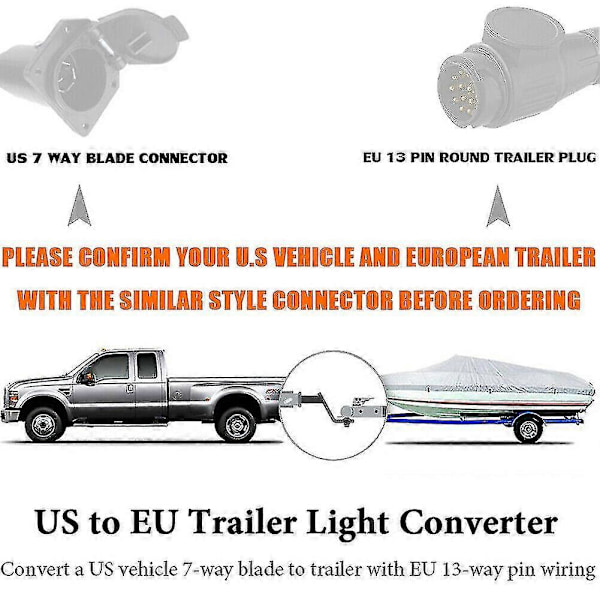 USA til Europe Hengerlysadapter 7-veis Flat Socket (US Kjøretøy) til 13-polet Rund Plugg (EU Henger)