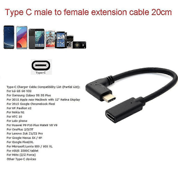 90 Asteen Oikea Kulma USB 3.1 Type C Uros-Naaras Jatkojohto Tietolinja HTC 10:lle