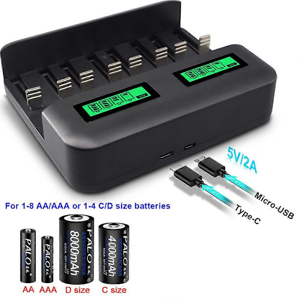 LCD Universal Batteriladdare - 8-fack AA /AAA /C /D Batteriladdare för Uppladdningsbara Batterier med 2A USB-port, Typ C-ingång, Snabb AA /AAA Batteriladdare
