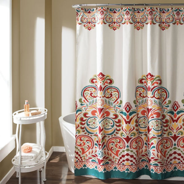 Bruseforhængsstof farverigt boheme paisley damask print design, 180*180cm, turkis og orange