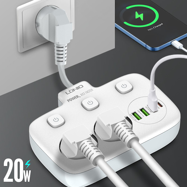 Veggmontert strømbrett med stikkontakter, 10A + 4 USB-uttak, med overbelastningsbeskyttelse