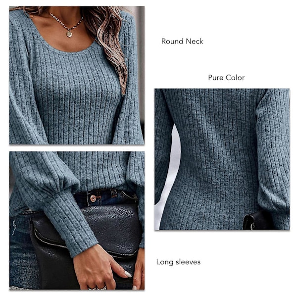 Kvinna Rundhals Långärmad Topp Solid Färg Puffärm Casual T-shirt Blus för Kontor Dating Shopping Blå S