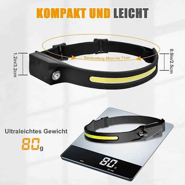 Latautuva LED-otsalamppu 2-pakkauksessa, Gobeam 230 USB COB-otsalamppu 350 lumenin superkirkas juoksuotsalamppu sensorilla, kevyt vedenkestävä otsalamppu