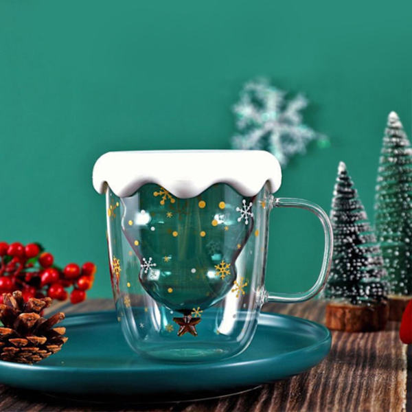 Juletræsmug, 10 oz Dobbelt Vægs Glasmug med Håndtag, Julekaffemug Gave with lid