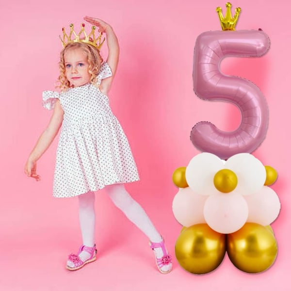 Rosa krone nummer 5 ballong, 40' stort tall folieballong med lateksballonger, 5-årsdagsdekorasjoner jente 33. fest (rosa 5)